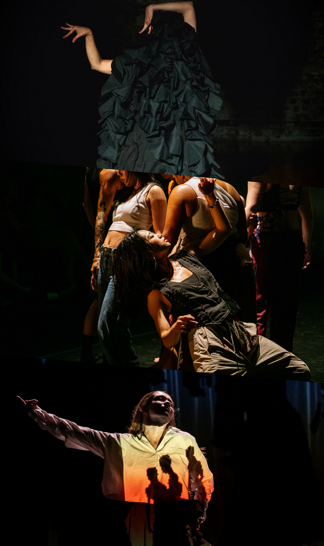 The image is divided into two parts. On the top, a person on stage turned away from the audience, wearing a flamboyant, ruffled costume and raising their arms into an angular shape. In the middle, a group of people in formation, with the central figure wearing a black studded gilet and beige loose trousers, leaning backward and raising an arm above their face. On the bottom, a person in a white shirt and black trousers raises one arm sideways in dim, warm light, with shadows across their shirt forming three silhouetted figures.