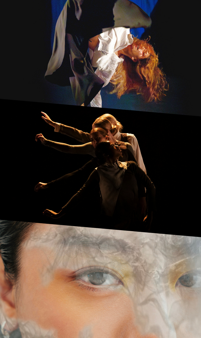 This image is divided into three parts. On the top, a dancer with long, flowing hair performs a dynamic floor move onstage, balancing on one hand with one leg extended upward. They wear a white top and dark, loose trousers, illuminated against a deep blue backdrop with shadowy figures in the background. In the middle, four people lined up behind one another, each extending their right arm diagonally to the side at gradually increasing heights, creating the appearance of a bird’s wing. On the bottom, a double-layered image featuring a portrait of a person with slicked-back black hair, yellow eyeshadow, and brown lipstick, looking toward the viewer with their mouth slightly open, overlaid with white and grey abstract shapes resembling clouds.