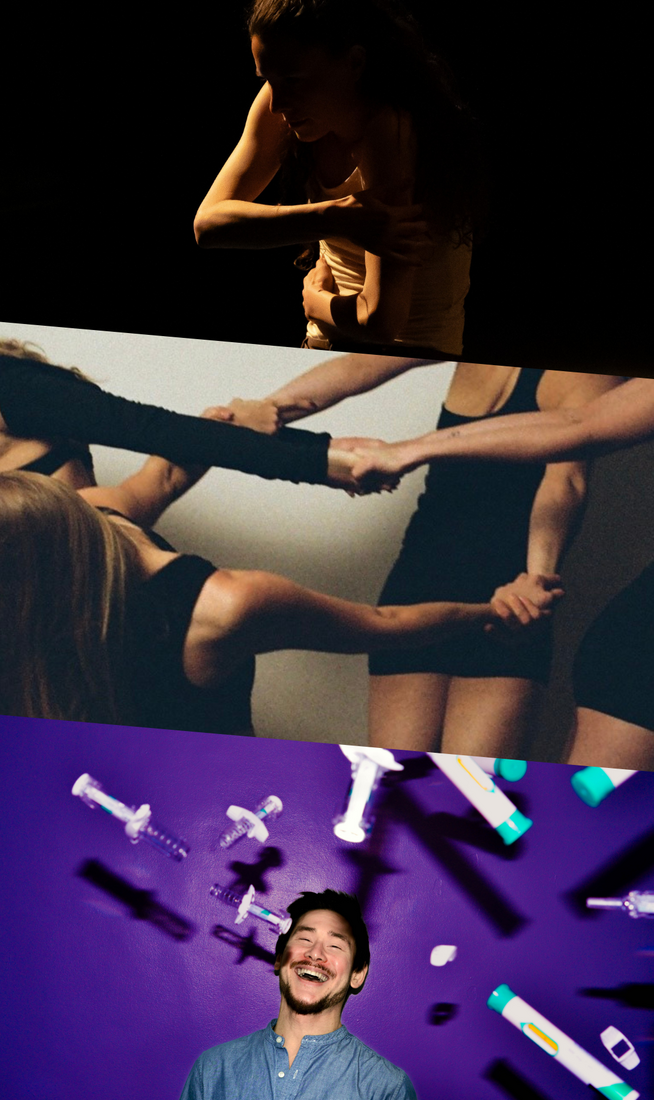 This image is divided into three parts. On the top, a woman with long hair, wearing a white tank top and dark trousers, is illuminated by low light as she wraps her arms around herself and curves her back. In the centre, several dancers in black outfits link arms and hands, their bodies partially visible as they lean and pull in different directions. On the bottom, man shown from the shoulders up laughing against a purple background, surrounded by flying syringes.