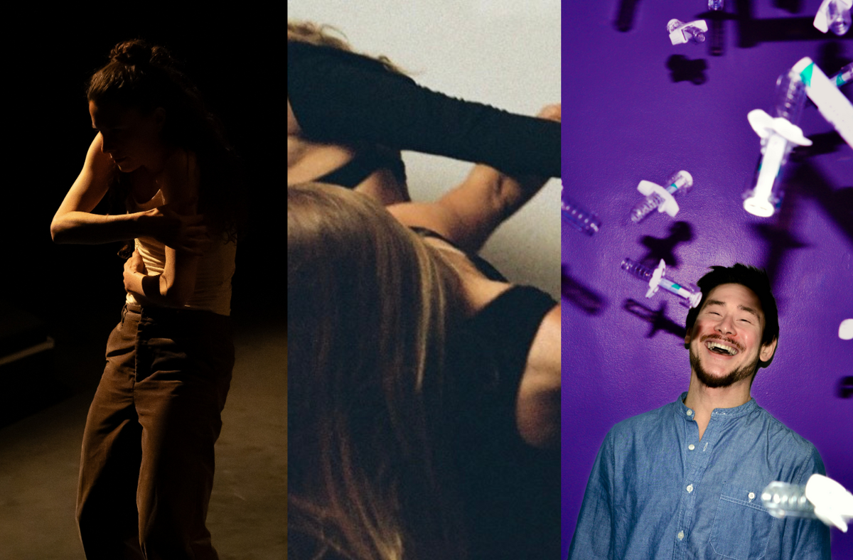 This image is divided into three parts. On the left, a woman with long hair, wearing a white tank top and dark trousers, is illuminated by low light as she wraps her arms around herself and curves her back. In the centre, several dancers in black outfits link arms and hands, their bodies partially visible as they lean and pull in different directions. On the right, man shown from the shoulders up laughing against a purple background, surrounded by flying syringes.