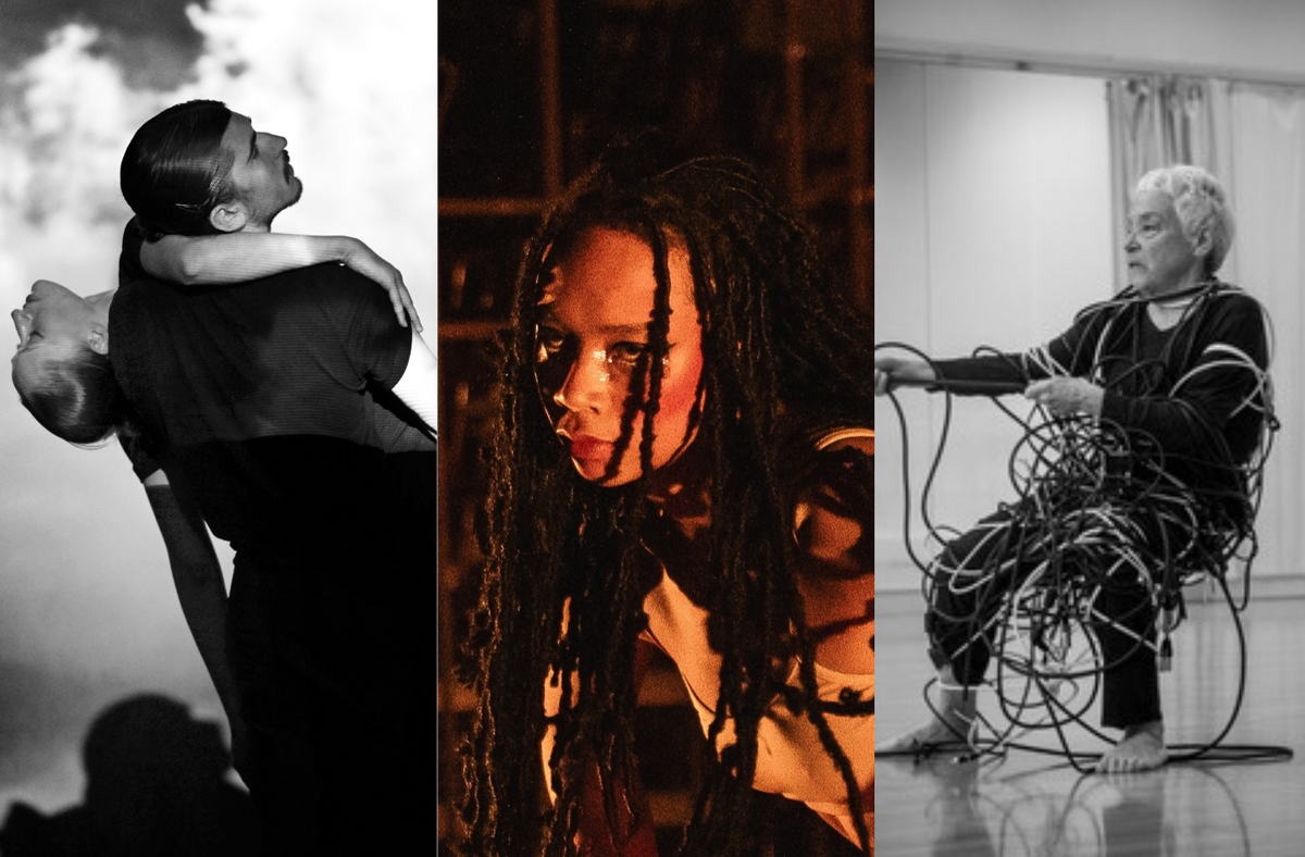 This image is divided into three parts. On the left, black-and-white photo of two people, one in a black T-shirt and trousers leaning back and looking sideways while holding another partly hidden behind them with an arm wrapped around their neck. In the middle, person with long black braids wearing a nude camisole, shown from the shoulders up at a diagonal angle, holding an intense gaze under warm light. On the right, black-and-white photo of an older adult sitting in a studio, wrapped in a large bundle of cables and holding one cable while looking to the side.