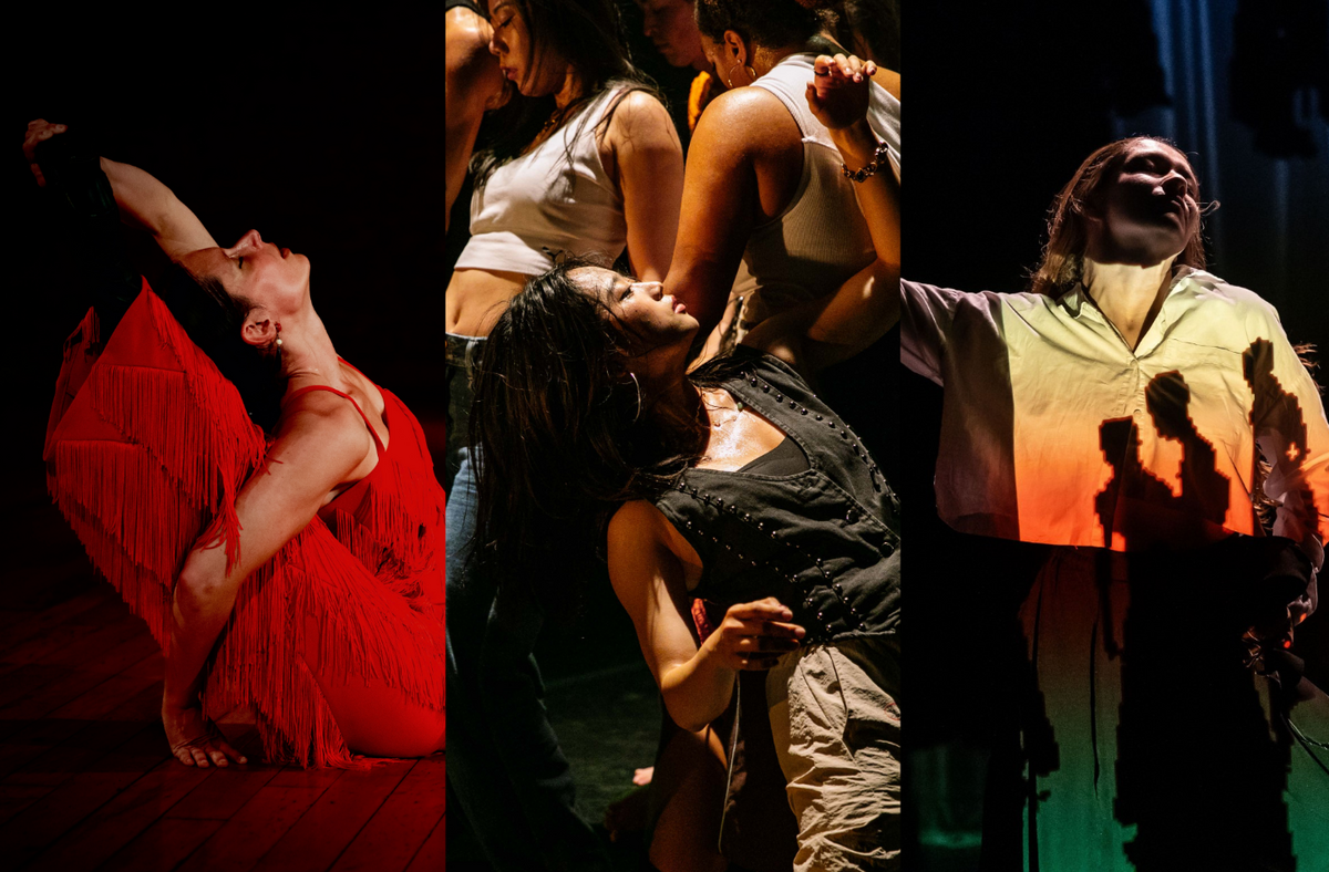 The image is divided into three parts. On the left, a dancer in a red fringed outfit performs a deep back-arched floor pose on a dimly lit wooden stage. In the middle, a group of people in formation, with the central figure wearing a black studded gilet and beige loose trousers, leaning backward and raising an arm above their face. On the right, a person in a white shirt and black trousers raises one arm sideways in dim, warm light, with shadows across their shirt forming three silhouetted figures.