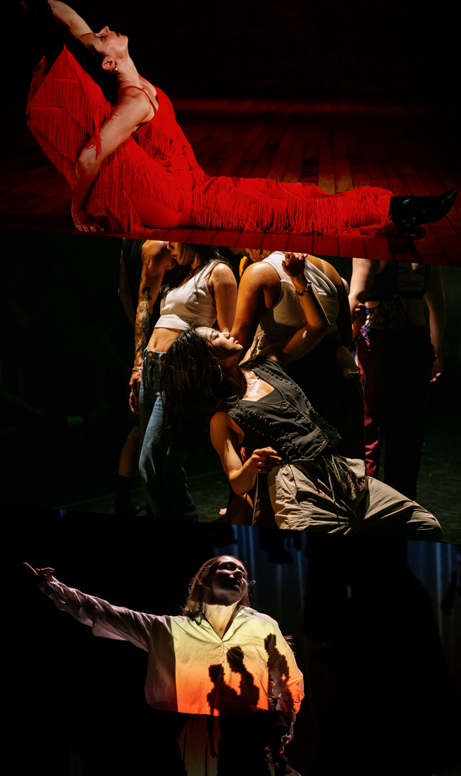 The image is divided into two parts. On the top, a dancer in a red fringed outfit performs a deep back-arched floor pose on a dimly lit wooden stage. In the middle, a group of people in formation, with the central figure wearing a black studded gilet and beige loose trousers, leaning backward and raising an arm above their face. On the bottom, a person in a white shirt and black trousers raises one arm sideways in dim, warm light, with shadows across their shirt forming three silhouetted figures.