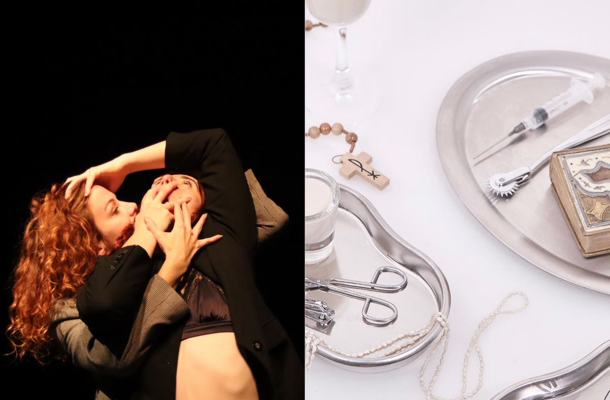 On the left, a person dressed in a satin bra and black blazer leans backward, covering their open mouth with one hand and extending the other arm above their head to touch the head of another person embracing them from behind, who is wearing a grey blazer and has long, curly ginger hair. On the right, overhead view of metal trays holding a syringe, medical tools, a rosary, pearls, a small glass of milk, and an ornate book on a white background.