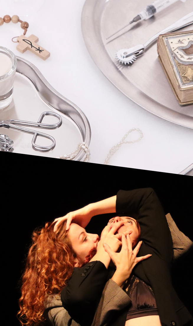 This image is divided into two parts. On the top, overhead view of metal trays holding a syringe, medical tools, a rosary, pearls, a small glass of milk, and an ornate book on a white background. On the bottom, a person dressed in a satin bra and black blazer leans backward, covering their open mouth with one hand and extending the other arm above their head to touch the head of another person embracing them from behind, who is wearing a grey blazer and has long, curly ginger hair.