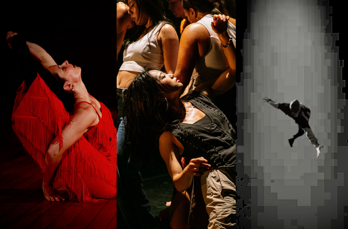 This image is divided into three parts. On the left, a dancer in a red fringed outfit performs a deep back-arched floor pose on a dimly lit wooden stage. In the middle, a group of people in formation, with the central figure wearing a black studded gilet and beige loose trousers, leaning backward and raising an arm above their face. On the right, black-and-white image of a person seen at a distance, falling downward with the body tilted diagonally, one arm reaching up and the other extended down, silhouetted against a vertical column of pixelated light on a black background.
