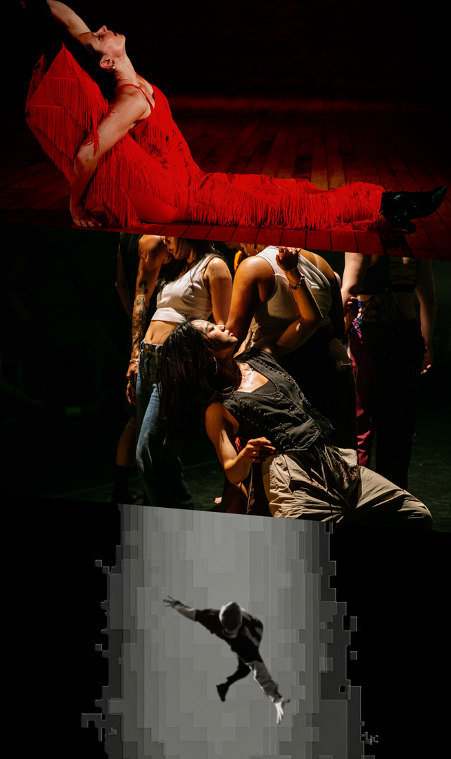 This image is divided into three parts. On the top, a dancer in a red fringed outfit performs a deep back-arched floor pose on a dimly lit wooden stage. In the middle, a group of people in formation, with the central figure wearing a black studded gilet and beige loose trousers, leaning backward and raising an arm above their face. On the bottom, black-and-white image of a person seen at a distance, falling downward with the body tilted diagonally, one arm reaching up and the other extended down, silhouetted against a vertical column of pixelated light on a black background.
