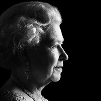 Portrait of Her Majesty the Queen Elizabeth II in black and white looking toward the right