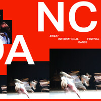 Image of SWEAT Festival logo. At the bottom of the image is is a series of collages of people dancing. The letters D A N C E are scattered on the image. The background colour of the image is red.