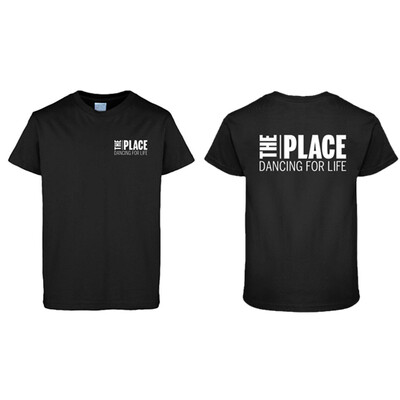 The front of a black t-shirt with The Place logo and strapline 'Dancing for life' in the top left corner. The back of a black tshirt with The Place logo and strapline 'Dancing for life' underneath in large letters