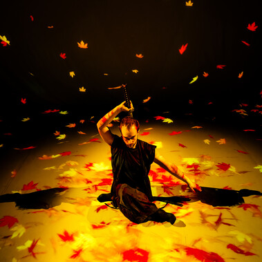 Male swordfighter sitting in autumn leaves