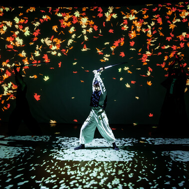 Female swordfighter in front of falling autumn leaves