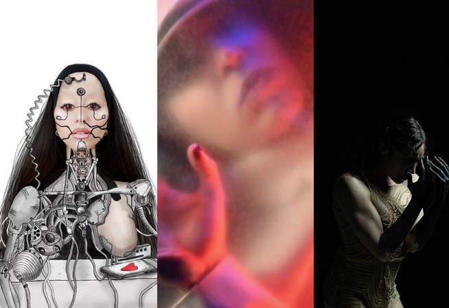 Three images, on the left there is a bionic looking figure, in the middle is a blurred, stylised pink and purple close-up, and on the right there is a figure in motion against a dark background