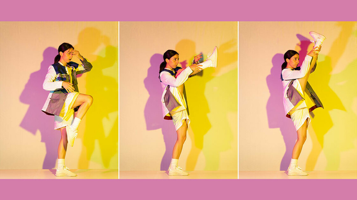 A triptych of photos of performer Margherita Elliot at 3 stages of lifting her left leg up. The photos have a pink/yellow hue