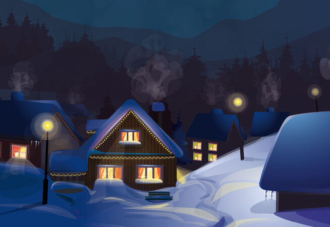 An illustration of a snowy village at night.