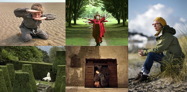 A gathering of little images, a boy kneeling on wind rippled sand, looking at you, a girl in white on tiptoe in a topiary garden, dancers in red passing though trees, a man curled upside down under a desk and a portrait of the choreographer in outdoor gear sitting in on a beach looking out to sea