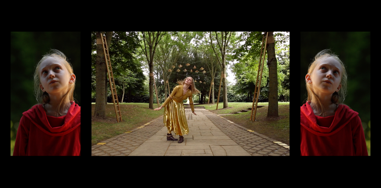 A triptych of images, the central one of a dancer amongst trees in a shimmering gold outfit, the two outer images are mirror image portraits of a fair haired little girl, thinking quizzically in vivid red.