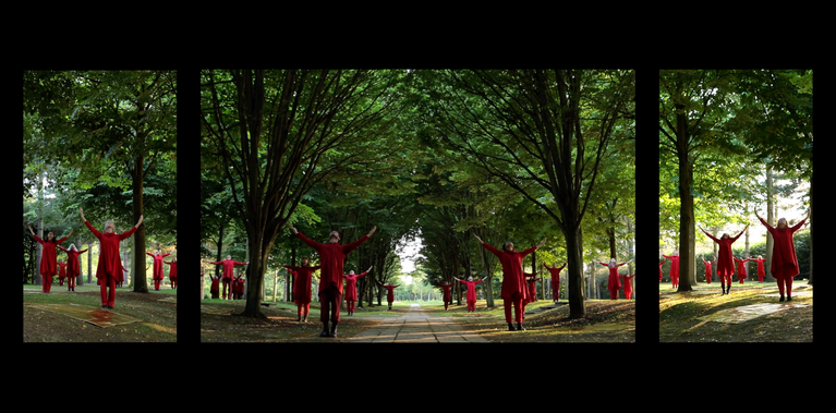A triptych of images, the central one of a dancer amongst trees in a shimmering gold outfit, the two outer images are mirror image portraits of a fair haired little girl, thinking quizzically in vivid red.